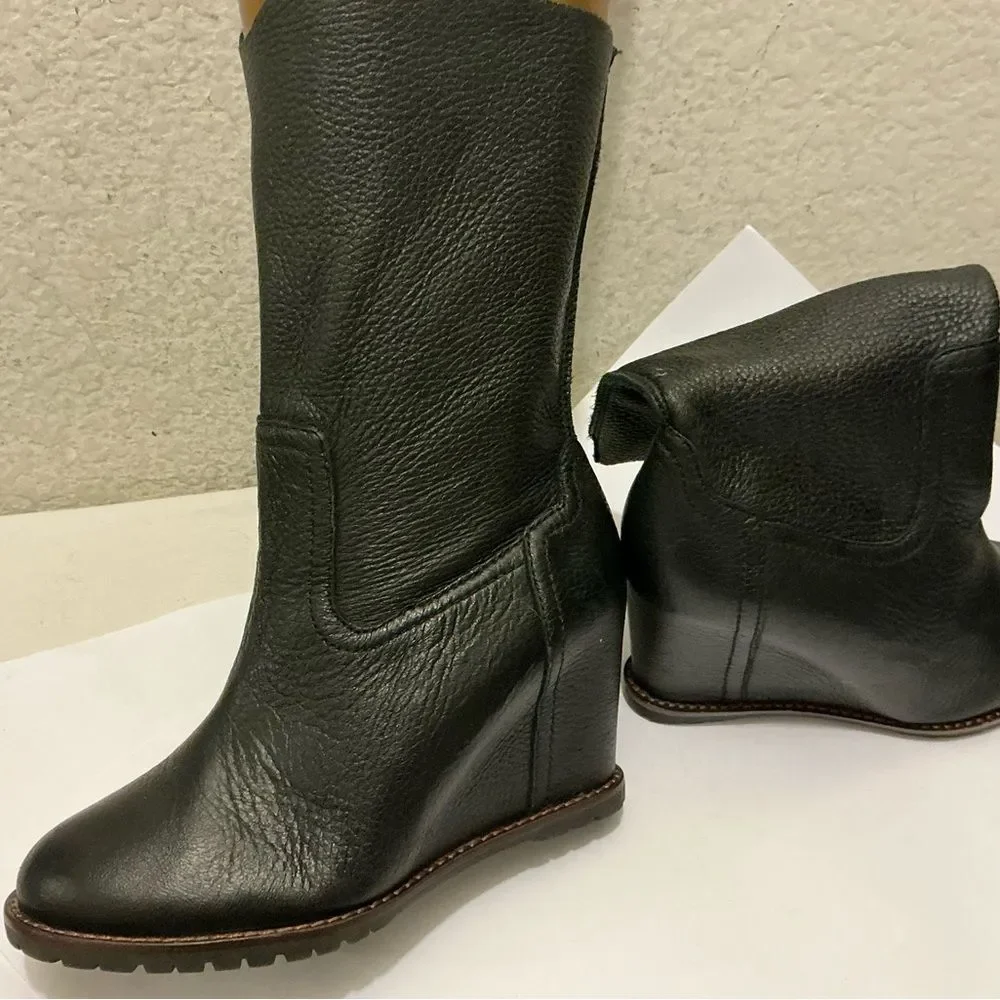 H.S. Trask Black Leather Mid-Calf Wedge Heeled Boot Shoe Women's Size 6M